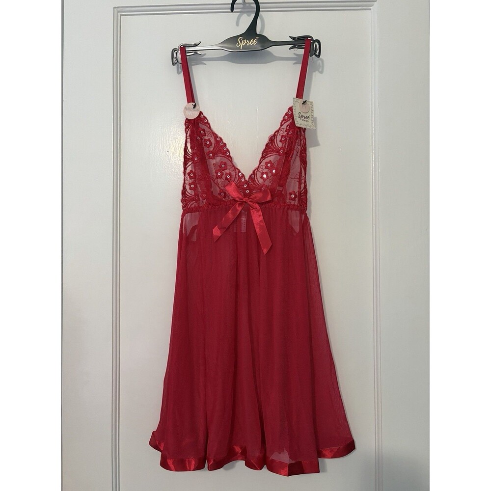NWT Red Lace Babydoll Lingerie Thong Set Sheer Nightgown Medium Spree Intimates